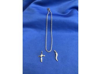Sterling Silver Italian Horn, Cross And Chain