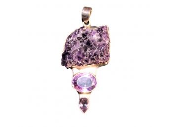 Sterling Silver Amethyst Druzy And Cut Pendant