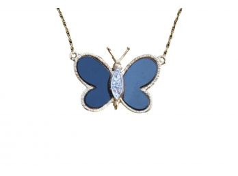 14k Gold Butterfly Onyx Diamond Pendant Necklace
