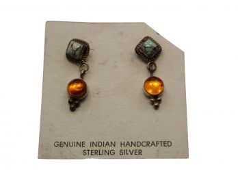 Sterling Silver Native American Indian Turquoise Amber Earrings Signed Lennie Mariano