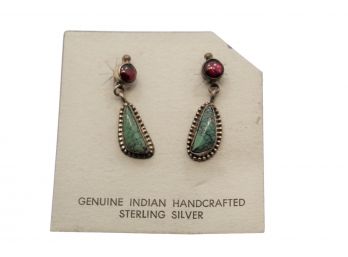 Sterling Silver Native American Herman Lincoln Turquoise Garnet Earrings