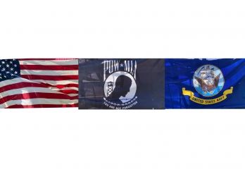 Flag Trio - US, POW & Navy - All In Great Condition And Each With Pole