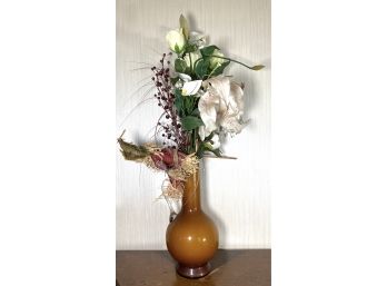 Silk Floral Arrangement In Bulbous Vase With Scarecrow Decor