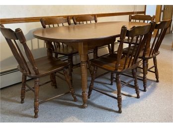 Vintage - Pine Oval Dining Set With Leaf And 6 Spindle Back Chairs.