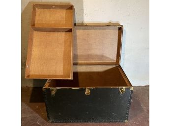 Vintage Steamer Trunk With Top Caddy And Heavy Leather Side Handles