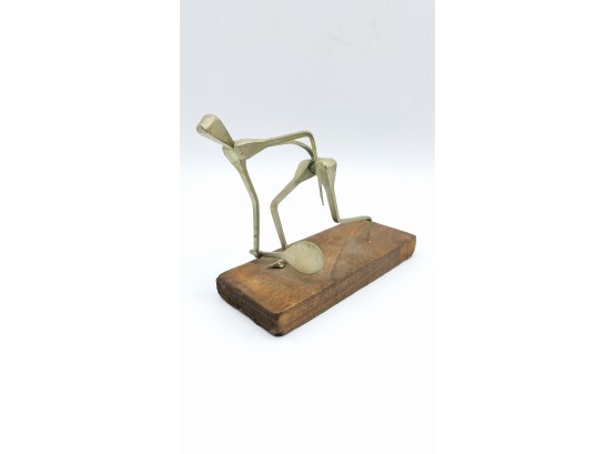 Made In Spain . Small Mid Century Iron On Wood Base Tennis Sculpture