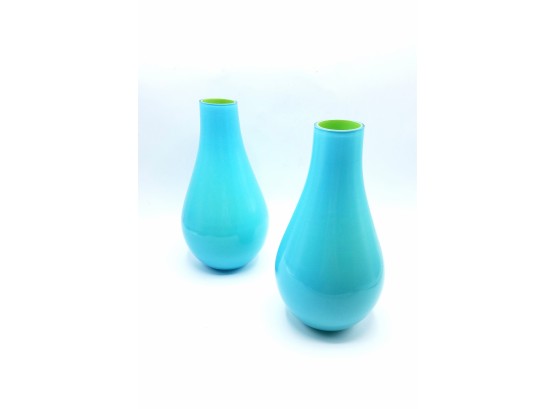 Pair Vibrant Blue Vintage Glass Vases