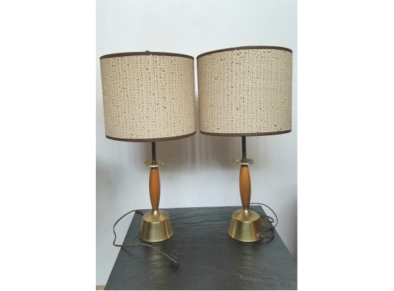 Pair Walnut & Brass Mid Century Lamps With Original Shades