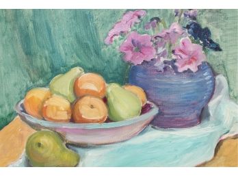 'Still Life, Flowers & Fruit' By Rosalind Morrissey! Unframed Oil On Canvas!