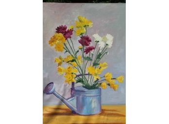 'Flowers & Watering Can' By Rosalind Morrissey! Oil On Board