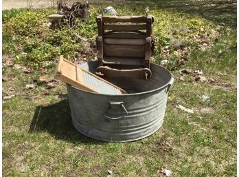 Galvanized Tub With Ringer And Washboard