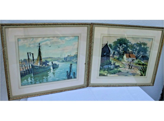 Pair Of Framed & Matted Water Colors Signed By Ted Kautzky