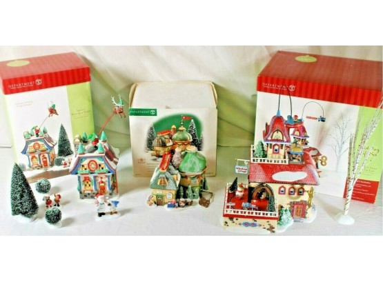 Dept 56 North Pole Series Santa's Reindeer Rides, Checking It Twice Wind Up Toys And Cold Care Clinic