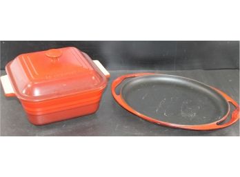 Pair Of Red Le Creuset Enameled Cast Iron Covered Casserole And Grill Pan