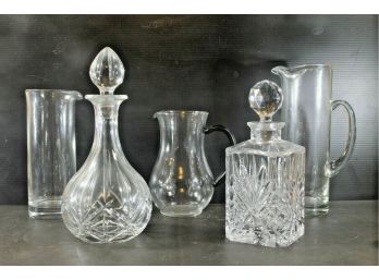 Group Of Misc. Bar Items Including Two Crystal Decanters & Three Glass Martini Pitchers