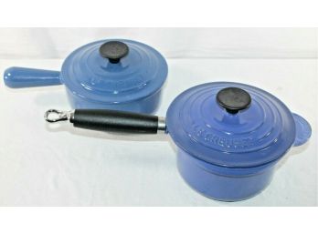Set Of Blue Le Creuset Covered Enameled Cast Iron Sauce Pans