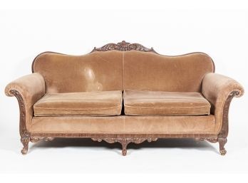 Antique Velvet Upholstered Victorian Walnut Frame Settee Couch Sofa