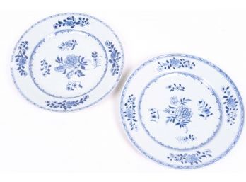 Pair Of Blue & White Peony Motif China Dinner Plates