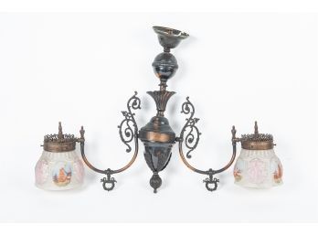 Victorian Double Arm Brass Hanging Lamp Ceiling With Painted Glass Shades