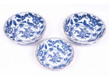 Trio Of Blue & White Porcelain Bowls