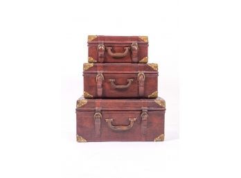 Set Of Three Antique Leather Steamer Trunks