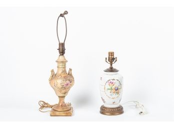 Pair Of Porcelain Painted Floral Lamps