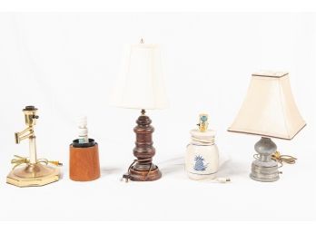 Set Of 5 70's And 80's Wood, Brass And Ceramic Base Table Lamps