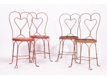 Charming Set Of Four Vintage Heart-Back Metal Wire Chairs