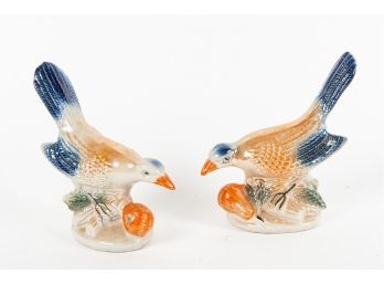 Pair Of Blue & Orange Ceramic Bird Figurines