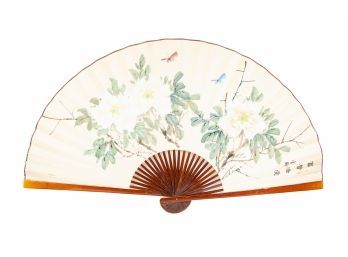 Large Signed Asian Painted Fan With Peony Motif