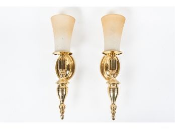 Pair Of Fluted Brass Sconces With Glass White Tan Shades