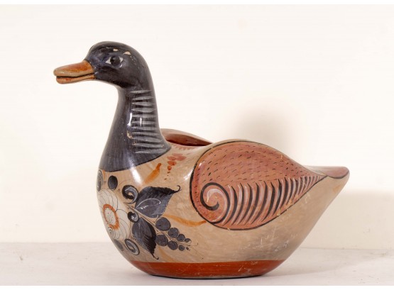 Hand-Painted & Signed Mexican Tonala Pottery Duck Form Planter