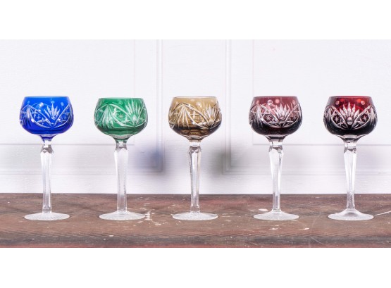 Set Of Five Colorful Cut Glass Cordial Glasses