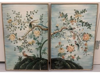 Chinese Framed Florals Painted On Wood (2)
