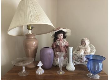 Noritake Crystal Vase, Dolls And Lamp Lot