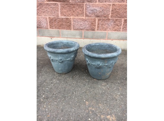 Pair Of Large Concrete Garden Urns With Floral Motif