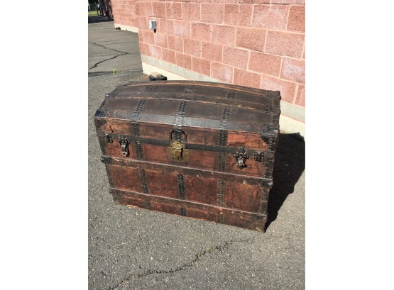 Large Size Antique Dome Top Steamer Trunk With Shipping Labels From 1891