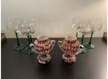 Blown Glass Urn Syle Vases Pr & Green Stemmed Wine Glasses