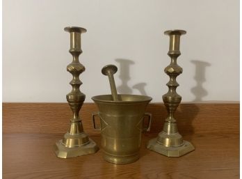 Antique Brass Mortar & Pestle And Candlestick Holders