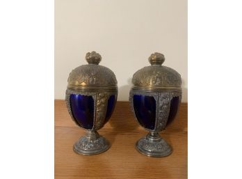 Silvertone Cast Metal With Cobalt Blue Glass Chalices; Signed, PAIR!