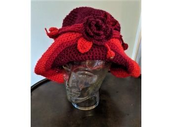 Hand-knit Red Flopsy Winter Hat With A Jaunty Decorative Flower Size Medium - Vintage