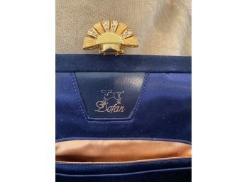 Doran Dark Navy Evening Bag With Blue Silk Interior Gold And Rhinestone Clasp