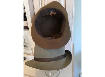 Two Basic Motsch Felt Fedoras In Khaki Green And Brown Made In Paris