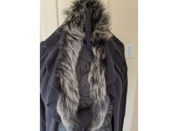 Black Duster With Faux Fur Trim And Button Detail