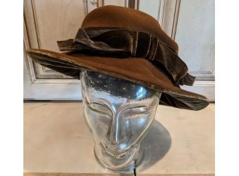 Brown Velvet Wide Brim Hat With  Brown Bow By Mago