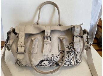 Andrea Brueckner Taupe Leather  Bag With Printed Scroll Work