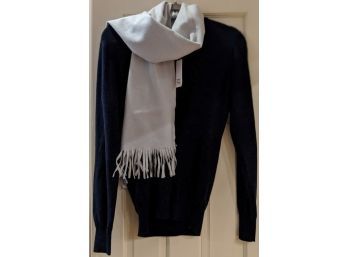 Brand New Cutty & Sark Wool Blend Dark Navy Sweater With Light Blue Scarf That Feels Like Cashmere Without Tag