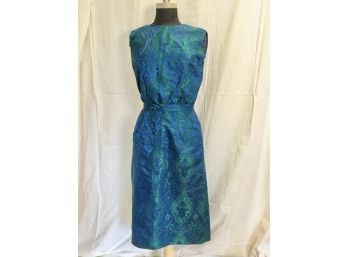 Vintage Paisley Satin Blue On Blue Sleeveless Dress With Tie Waist