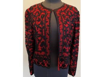 Vintage Red With Black Lace Sequin Jacket Size Small By Della Roufogali