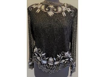 Gorgeous Black & White Beaded And Embroidered Vintage Top By Laurence Kazan